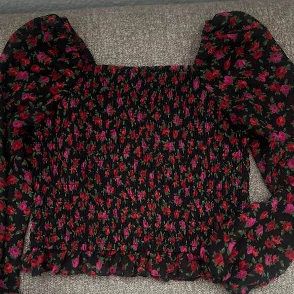 Art Class Black Red Floral Print Smocked Sheer Long Sleeve Top Size Large 10-12 - Picture 2 of 8